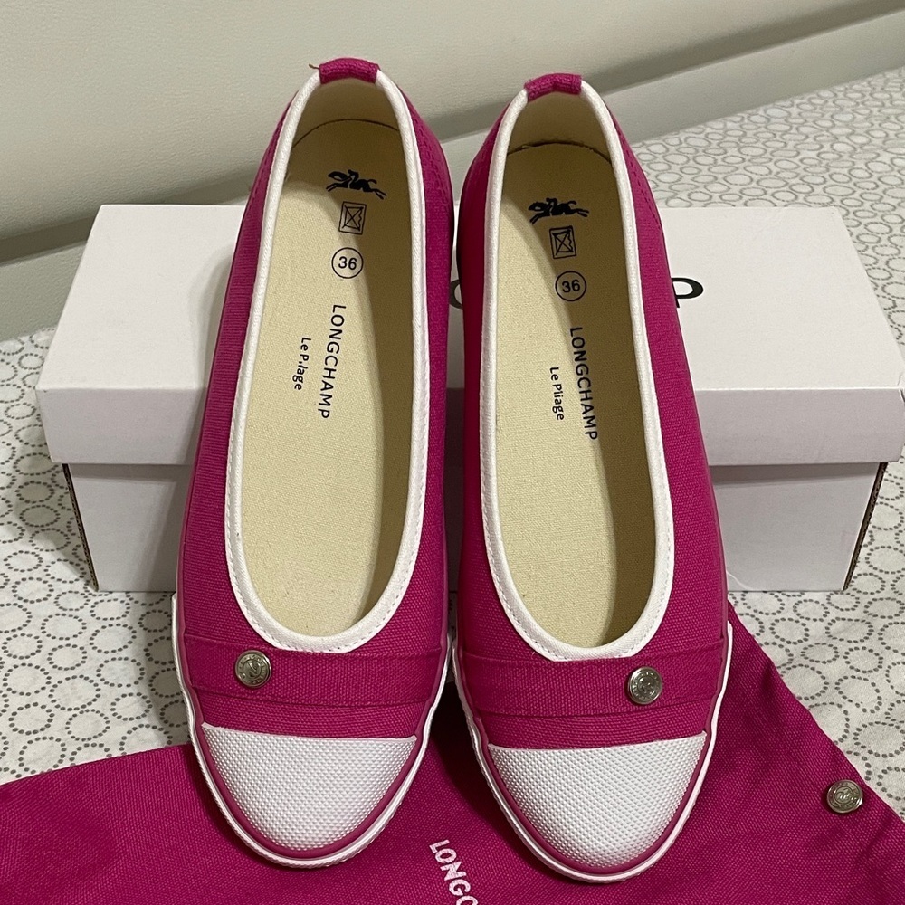 Longchamp Fuchsia And White Canvas Flats